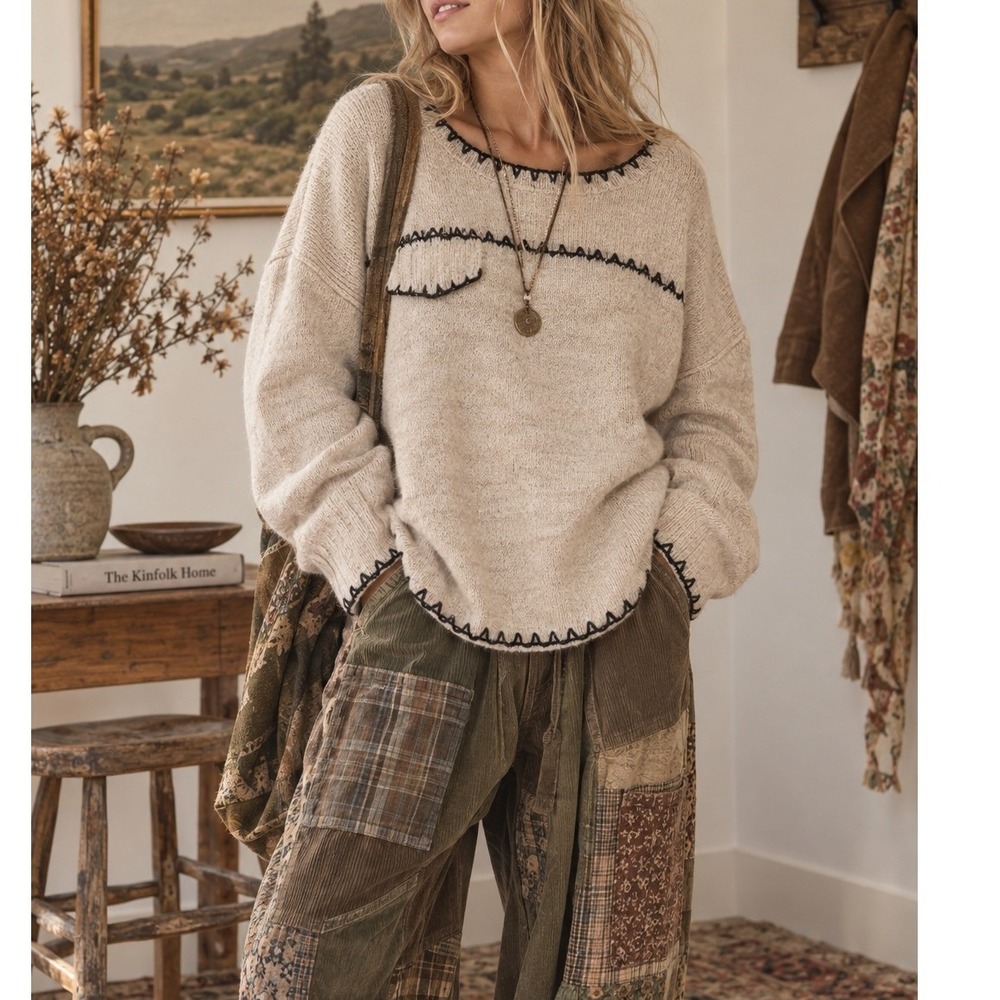 Oli & Hali Beige Marl Embroidered Blanket Stitch Oversized Sweater- XL